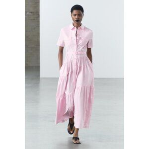 ZARA Belted Shirt Dress Light Pink Collared Maxi Asymmetric Seamwork Tiered XXL